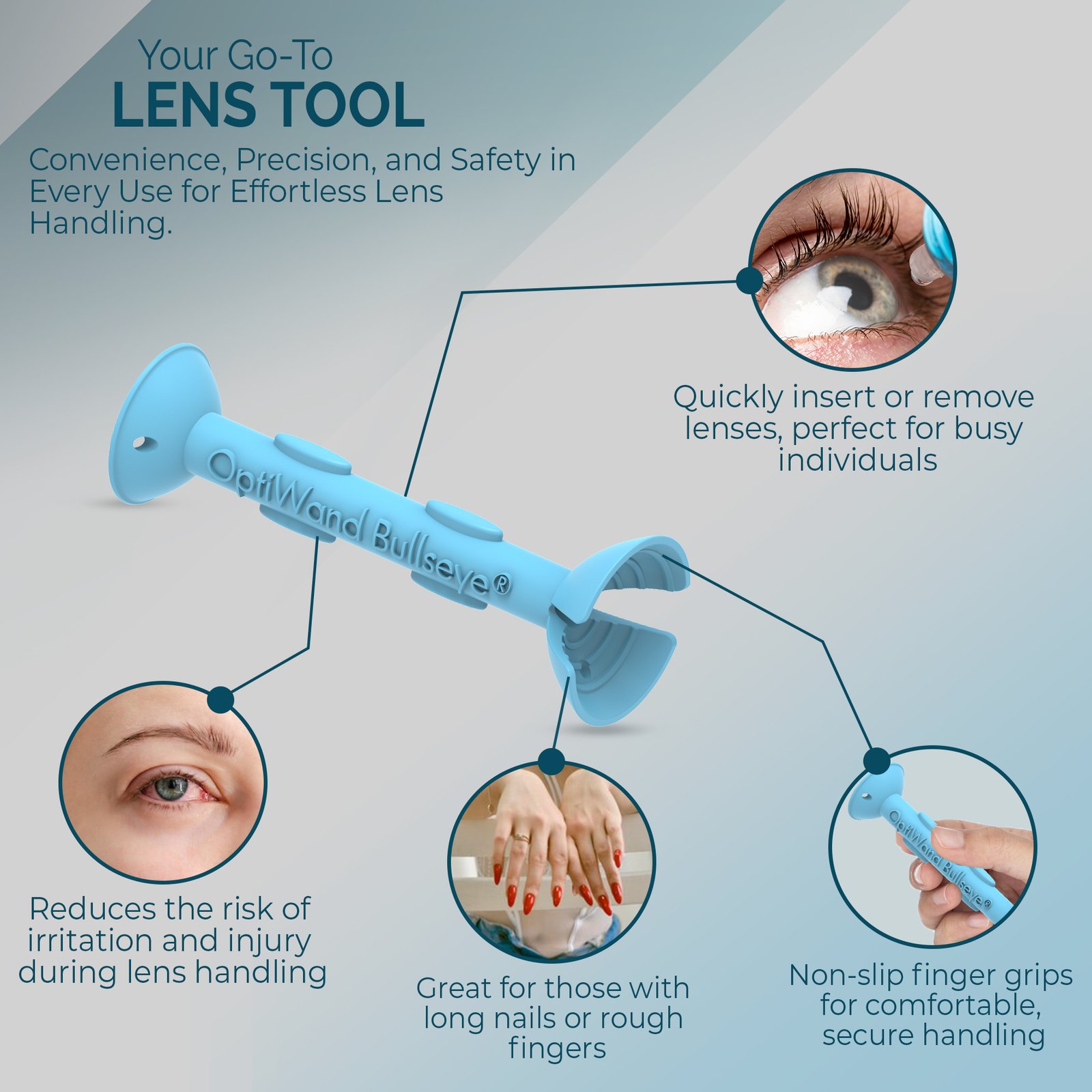 OptiWand Pink Green Blue Pincher Bullseye Trial Soft Portable Contact Lens Removal & Insertion Tool - Silicone Rubber Soft Lens Inserter & Remover Device with Pincher End & Finger Grips Safe & Easy on Eyes, Travel Size inserting removing pushing pulling Lenses Applicator Gift Cosplay Halloween colored cleaner case suction cup